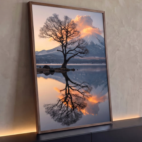 Árvore seca refletida em lago calmo com montanha nevada e nuvens laranja ao fundo, quadro decorativo