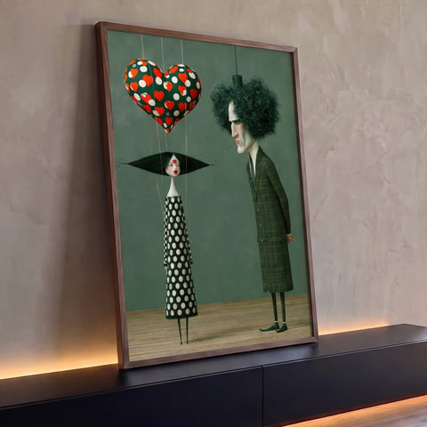 Casal de marionetes, mulher de bolinhas sob balão de coração e homem de terno xadrez, quadro decorativo