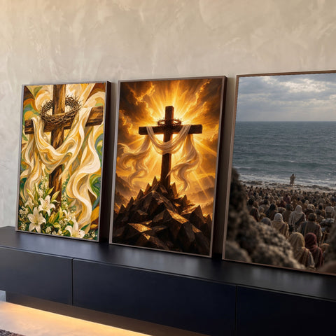 Quadro Decorativo Kit 3 Telas Cruz para Sala Dourado | quadros decorativos para sala | cruz de madeira com coroa de espinhos e luz dourada ao lado de multidão à beira-mar | Porao dos Quadros