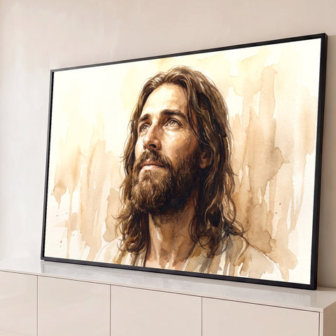 Rosto de Jesus Cristo em aquarela olhando para o céu, em tons bege e sépia, quadro decorativo