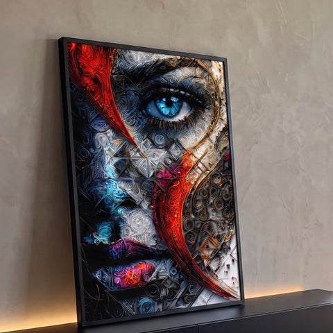 Rosto de mulher em filigrana prateada com olho azul e faixa vermelha em espiral, quadro decorativo