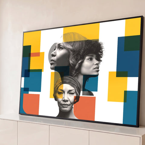 Três retratos de mulheres em preto e branco com blocos geométricos amarelos e azuis, quadro decorativo