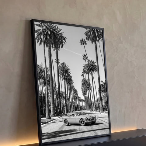 Carro conversível antigo em avenida ladeada por palmeiras altas, fotografia preto e branco, quadro decorativo