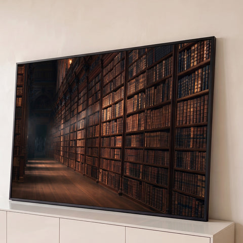 Corredor de biblioteca antiga com estantes de madeira, livros de couro e névoa ao fundo, quadro decorativo