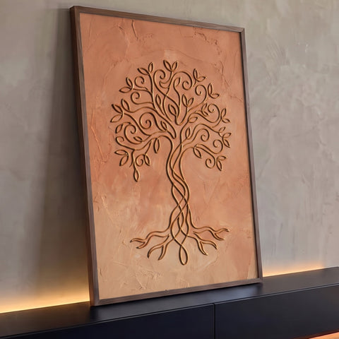 Quadro Decorativo Grande Árvore da Vida Dourado para Sala | quadros decorativos para sala | árvore da vida em relevo dourado com galhos entrelaçados sobre fundo terracota | Porao dos Quadros