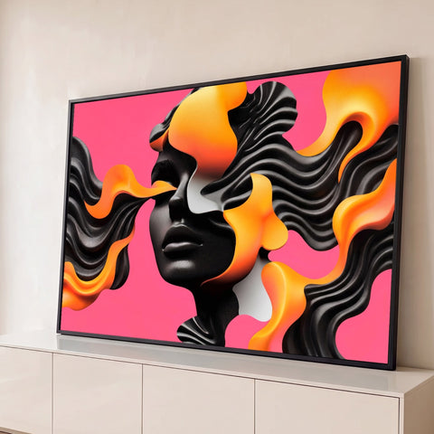 Rosto feminino preto envolto em ondas 3D pretas e laranja sobre fundo rosa vibrante, quadro decorativo