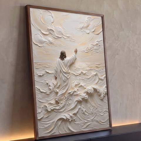 Jesus de costas caminhando sobre ondas em relevo branco, braço erguido ao céu, quadro decorativo