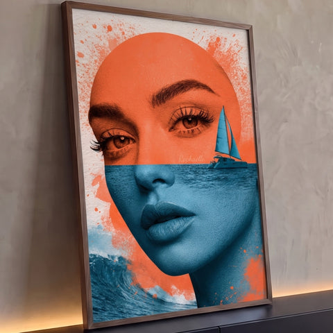 Rosto de mulher metade laranja e metade mar azul com veleiro e onda, respingos de tinta, quadro decorativo