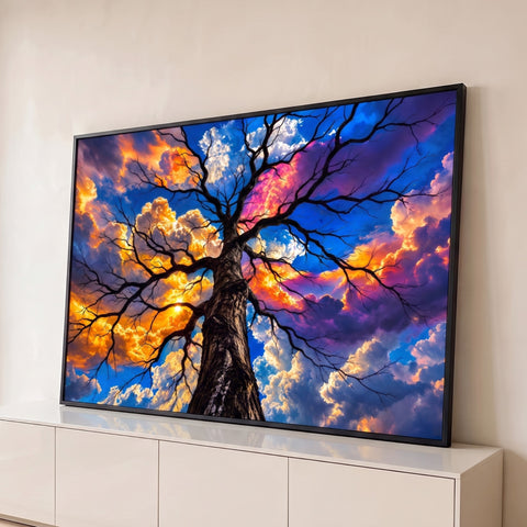 Árvore vista de baixo com galhos escuros contra céu de nuvens azuis, laranjas e roxas, quadro decorativo