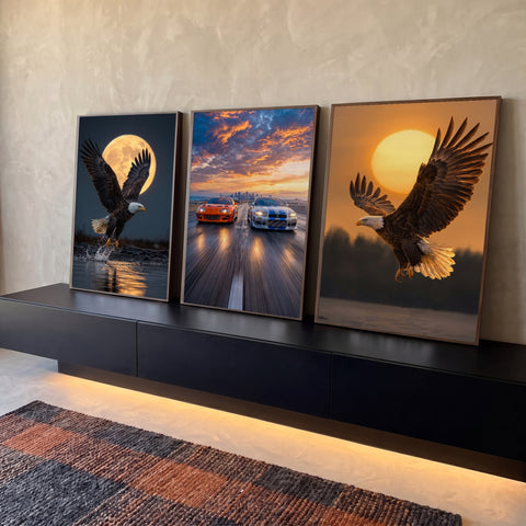 Quadro Decorativo Kit 3 Telas Águias Carros para Sala | quadros decorativos para sala | águias carecas voando com sol e lua dourados e carros esportivos ao entardecer | Porao dos Quadros