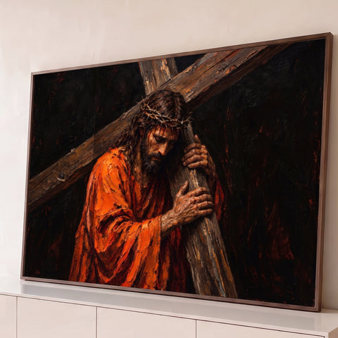 Pintura a óleo de Jesus Cristo com coroa de espinhos e manto laranja carregando a cruz, quadro decorativo