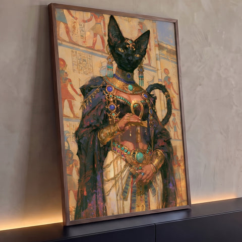 Deusa Bastet com cabeça de gato preto, joias douradas e ankh diante de hieróglifos, quadro decorativo