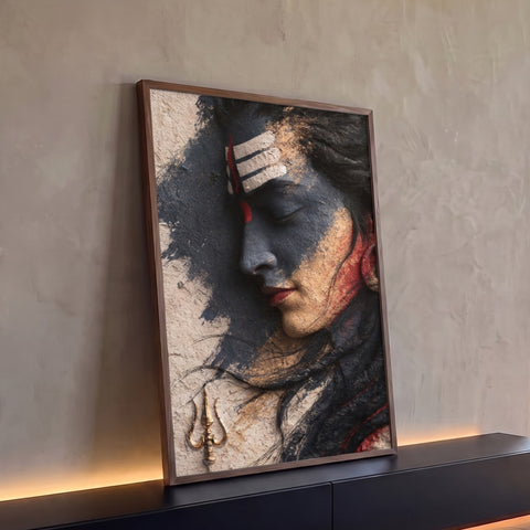 Shiva de perfil com olhos fechados, tripundra e tridente dourado em fundo bege texturizado, quadro decorativo