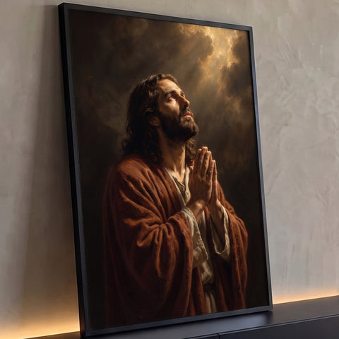 Jesus orando de mãos unidas olhando ao céu, manto marrom e luz entre nuvens, quadro decorativo