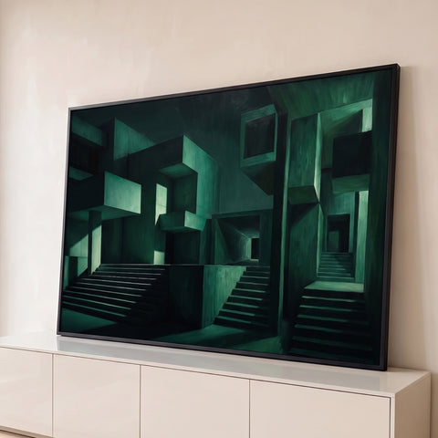 Pintura a óleo de arquitetura brutalista verde com escadas e blocos de concreto, quadro decorativo