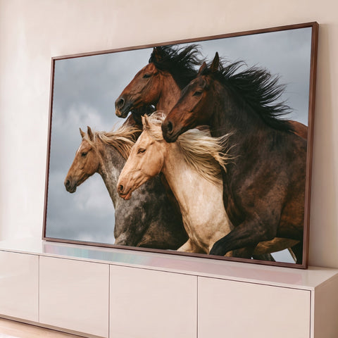 Quatro cavalos marrom, bege e tordilho galopando com crinas ao vento sob céu nublado, quadro decorativo