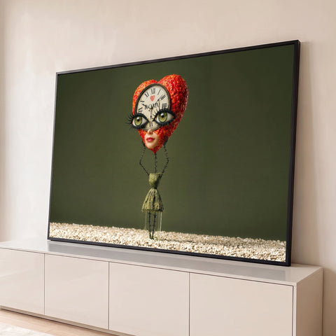 Boneca surreal com cabeça de coração vermelho, relógio no rosto e olhos verdes em fundo verde quadro decorativo