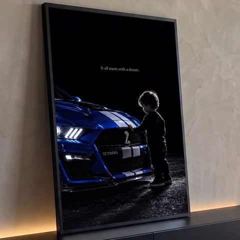 Quadro Decorativo Grande Criança Observando para Sala Preto | quadros decorativos para sala | criança em silhueta tocando capô de carro esportivo azul no escuro | Porao dos Quadros