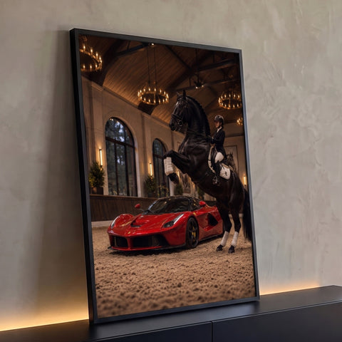 Quadro Decorativo Grande Cavalo e Carro para Sala Preto | quadros decorativos para sala | cavalo negro empinado com amazona ao lado de carro esportivo vermelho em picadeiro | Porao dos Quadros