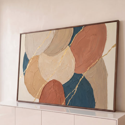 Abstrato texturizado bege, terracota e azul petróleo com linhas em folha de ouro, quadro decorativo