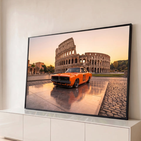 Muscle car laranja número 01 diante do Coliseu de Roma ao pôr do sol, quadro decorativo