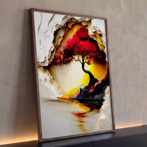 Árvore de copa vermelha sob sol dourado, reflexo na água e moldura em relevo branco, quadro decorativo