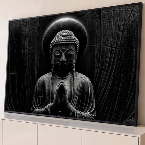 Estátua de Buda com mãos em prece e halo de eclipse sobre fundo preto texturizado, quadro decorativo
