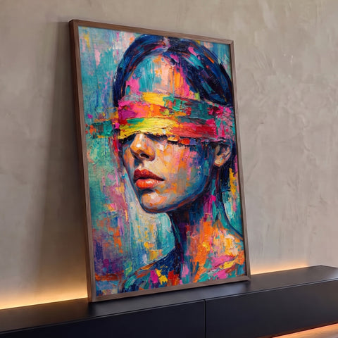 Retrato de mulher com venda colorida em pintura a óleo com espátula e fundo turquesa, quadro decorativo