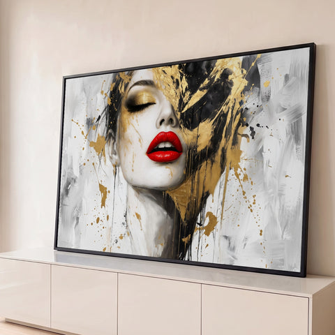 Rosto de mulher de olhos fechados, lábios vermelhos e respingos dourados em fundo branco, quadro decorativo
