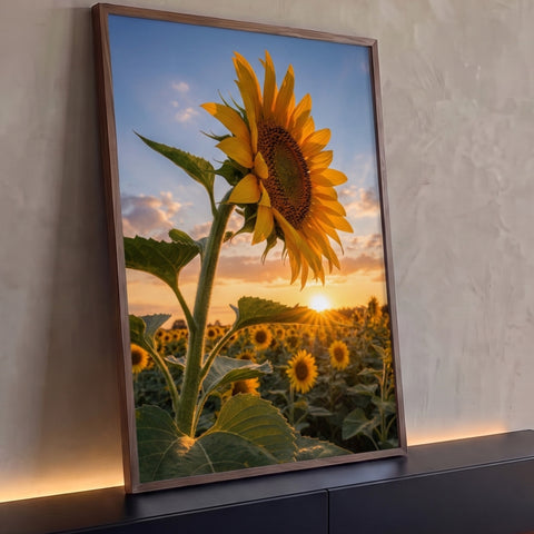 Girassol em primeiro plano com sol se pondo atrás e campo de girassóis sob céu azul, quadro decorativo