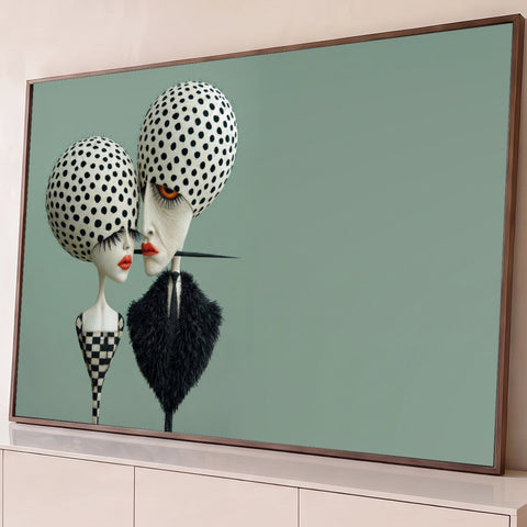 Bustos surreais com cabeças de bolinhas, batom vermelho e roupas xadrez em fundo verde, quadro decorativo