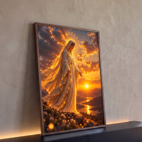 Nossa Senhora de manto claro e auréola dourada no monte ao pôr do sol sobre rio, quadro decorativo