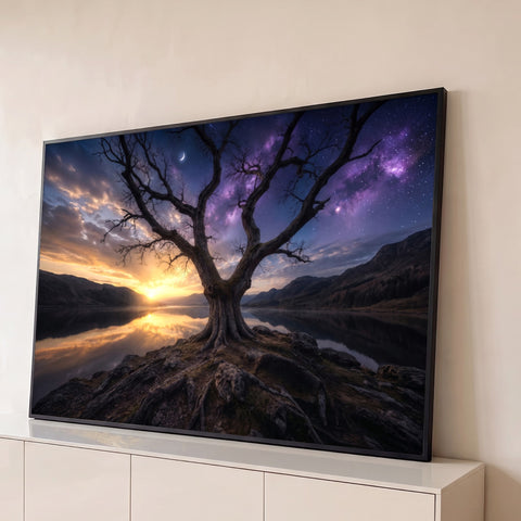 Árvore seca à beira do lago sob céu roxo com Via Láctea, lua crescente e pôr do sol dourado, quadro decorativo