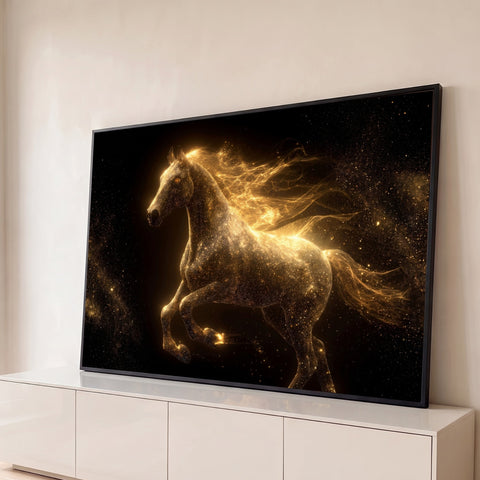 Cavalo formado por poeira estelar dourada galopando sobre fundo preto com estrelas, quadro decorativo