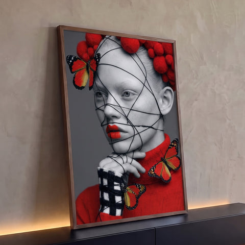 Retrato de mulher em preto e branco com fios, lábios e borboletas vermelhas, quadro decorativo