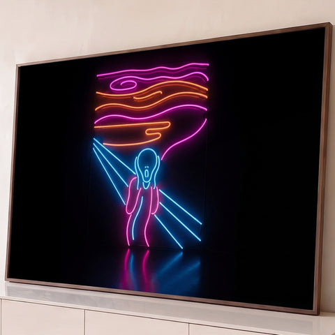O Grito de Edvard Munch em tubos de neon rosa, laranja e azul sobre fundo preto, quadro decorativo