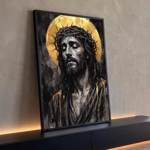 Jesus de olhos fechados com coroa de espinhos, halo e gotas douradas sobre fundo preto, quadro decorativo