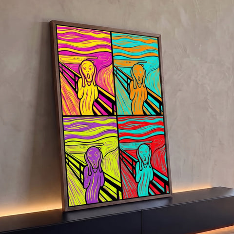 Quadro Decorativo Grande Grito de Munch Sala para Sala Rosa | quadros decorativos para sala | figura gritando em quatro paletas pop art vibrantes inspirada em O Grito | Porao dos Quadros