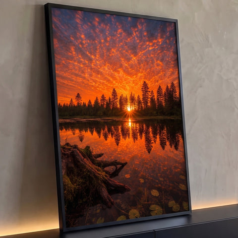 Pôr do sol laranja refletido em lago com pinheiros, raízes e vitórias-régias, quadro decorativo