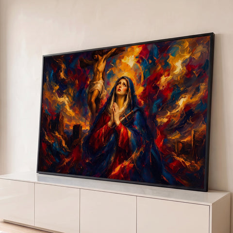 Nossa Senhora das Dores de manto azul rezando diante de Jesus crucificado, pintura expressiva, quadro decorativo