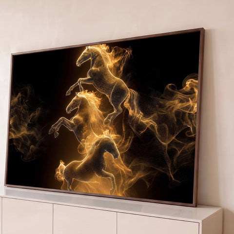 Três cavalos empinados de partículas douradas em meio à fumaça sobre fundo preto, quadro decorativo