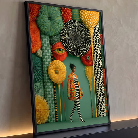 Mulher negra de meias listradas caminhando entre formas orgânicas coloridas e olho surreal, quadro decorativo