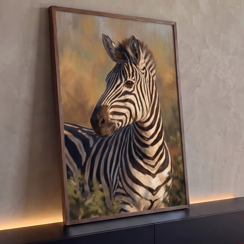 Zebra com listras pretas e brancas sobre fundo de savana dourada em pintura a óleo, quadro decorativo