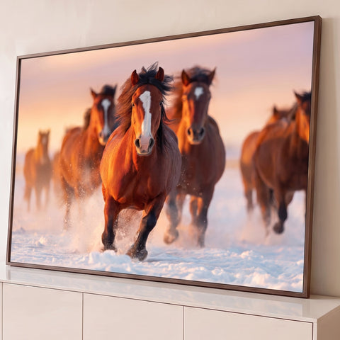 Manada de cavalos marrons galopando na neve ao pôr do sol, cavalo de crina ao vento à frente, quadro decorativo