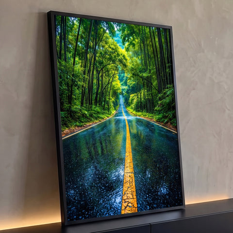 Estrada de asfalto molhado com faixa amarela em túnel de bambus verdes, quadro decorativo