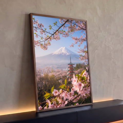Quadro Decorativo Grande Paisagem Monte Fuji para Sala Rosa | quadros decorativos para sala | Monte Fuji nevado com pagoda vermelha entre flores de cerejeira rosa em primeiro plano | Porao dos Quadros