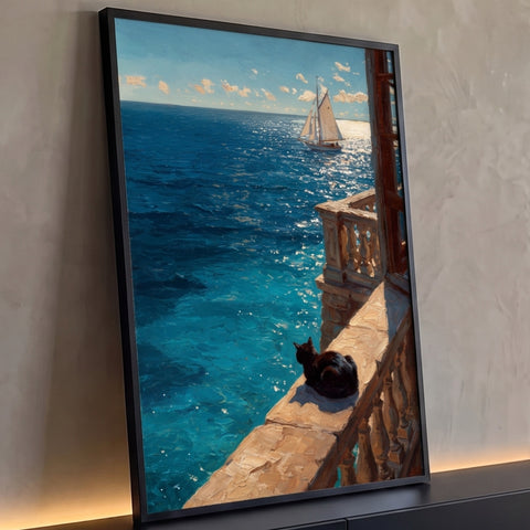 Gato preto deitado em varanda de pedra diante do mar azul com veleiro, pintura a óleo, quadro decorativo