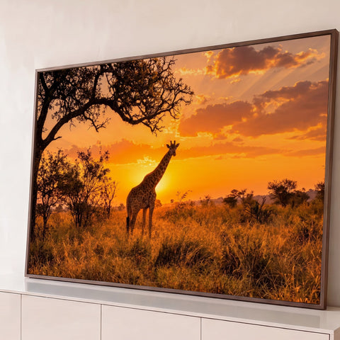 Girafa em silhueta sob acácia na savana africana com céu laranja ao pôr do sol, quadro decorativo