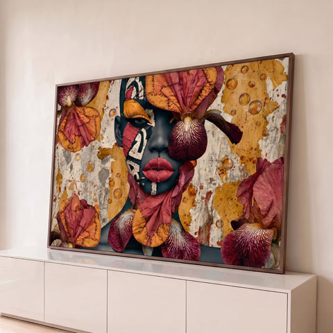 Rosto de mulher negra com pintura tribal, flores íris costuradas e bolhas em fundo dourado, quadro decorativo