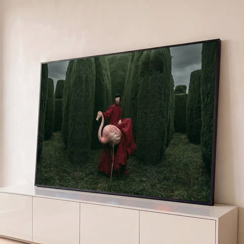 Mulher de vestido vermelho segurando flamingo rosa entre arbustos verdes podados, quadro decorativo
